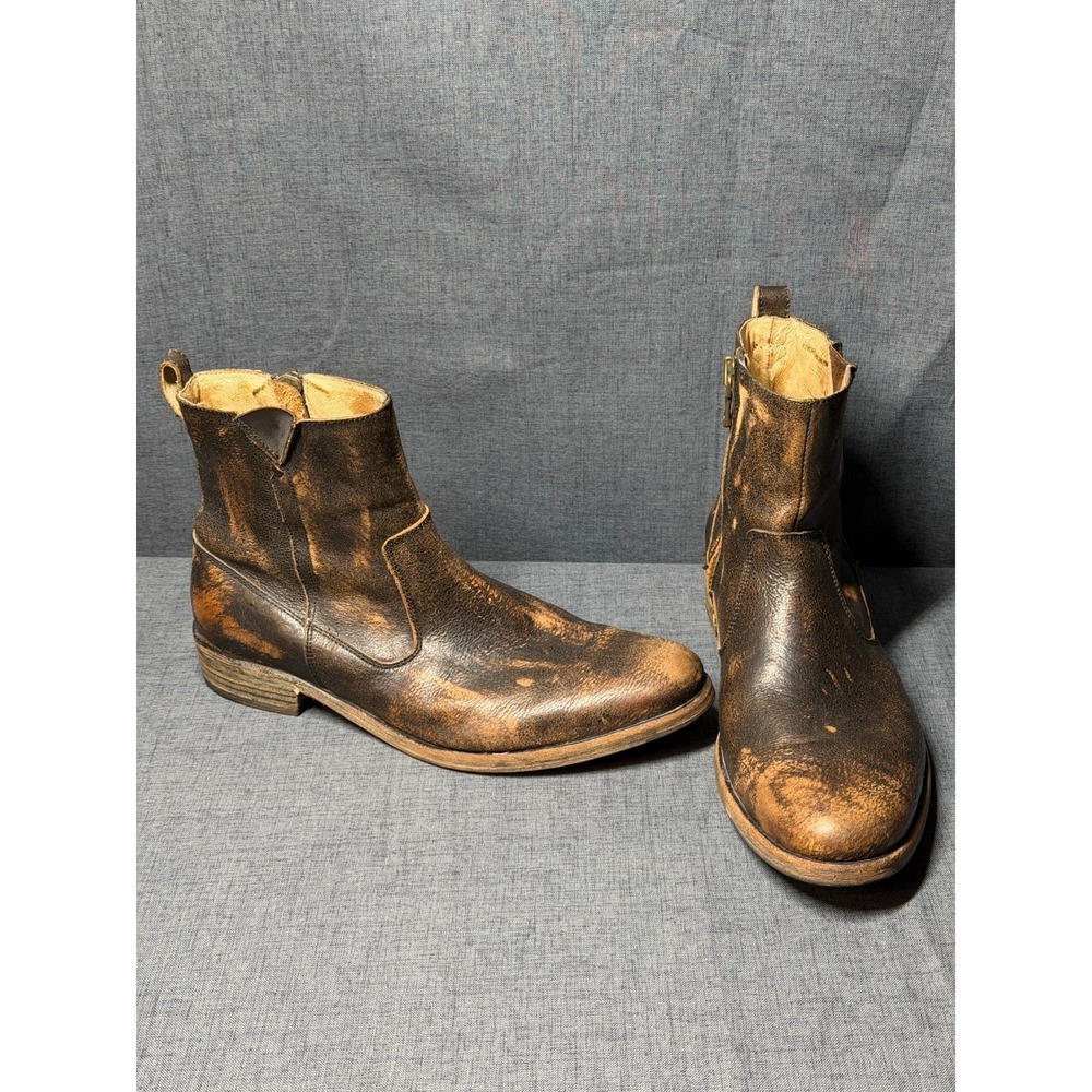 John Varvatos NYC Back Zip Brown Wood Leather Ankle Boots Size 10M Distressed